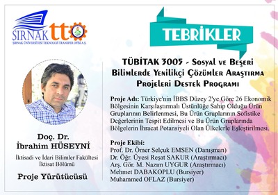 Öğretim Üyemiz Doç. Dr. İbrahim Hüseyni'nin TÜBİTAK 3005 - Sosyal ve Beşeri Bilimlerde Yenilikçi Çözümler Araştırma Projesi kabul edildi